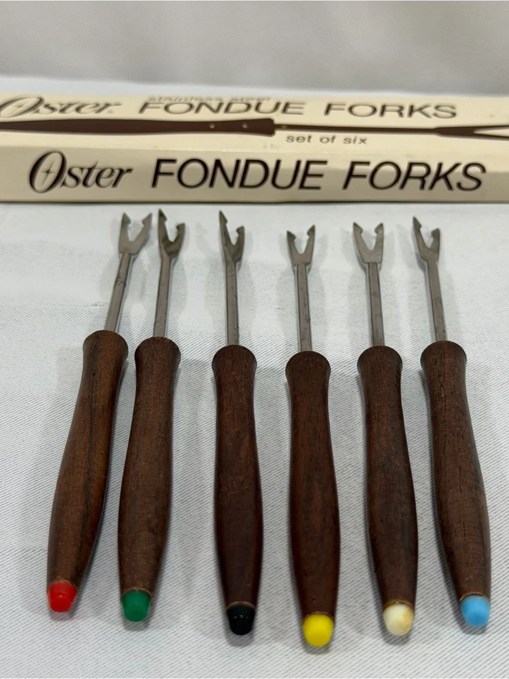 VTG Oster Fondue Forks Stainless Steel Wood Handles Color Coded Japan Set 6